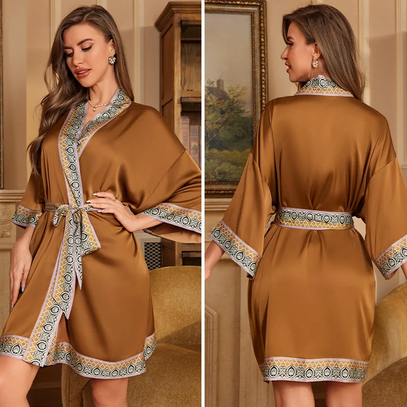 Navy Blue Floral Silk Satin Kimono-Style Nightgown