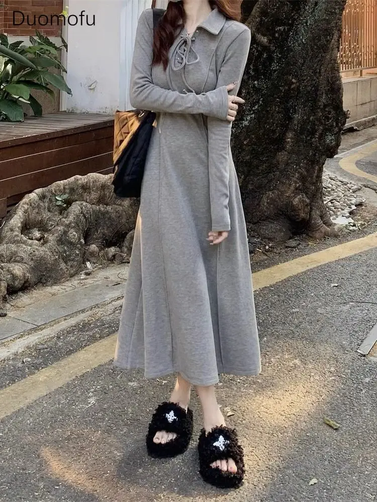 

Duomofu Grey Vintage Basic Long Sleeve Slim Waist Female Dresses Autumn New Simple Casual Fashion Solid Color Women Midi Dress