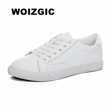 WOIZGIC 여성용 천연 가죽 흰색 신발, 플랫 레이스업 모카신, 한국 가황 신발, 봄 가을