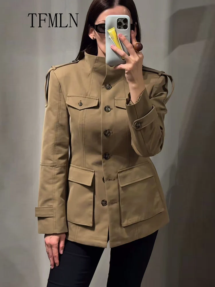 Retro 2025 Autumn Woman Stand Collar Jackets Fashion Single Breasted Pockets Solid Causal Chic Coats High Street Slim Outwear