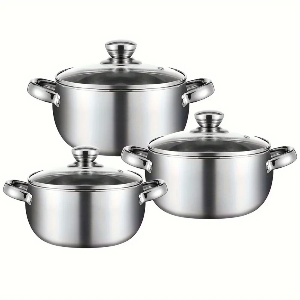 3pcs Stainless Steel Cookware Set with Lids Induction Compatible Thick Walls for Even Heating Dual Handles & Covers