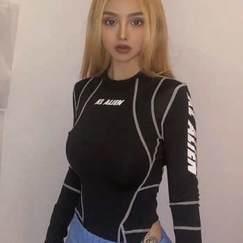 Sisterlinda 여성용 터틀넥 바디수트, 메시 패치워크, 레터 프린트, 여성 패션 점프수트, 스트리트 운동, 캐주얼 롬퍼