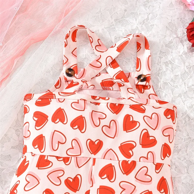 FOCUSNORM 1-6Y Schöne Kinder Mädchen Valentine Overalls Hosen Ärmellose Riemen Herz Gedruckt Spitze Trim Flare Strampler – Detail 4