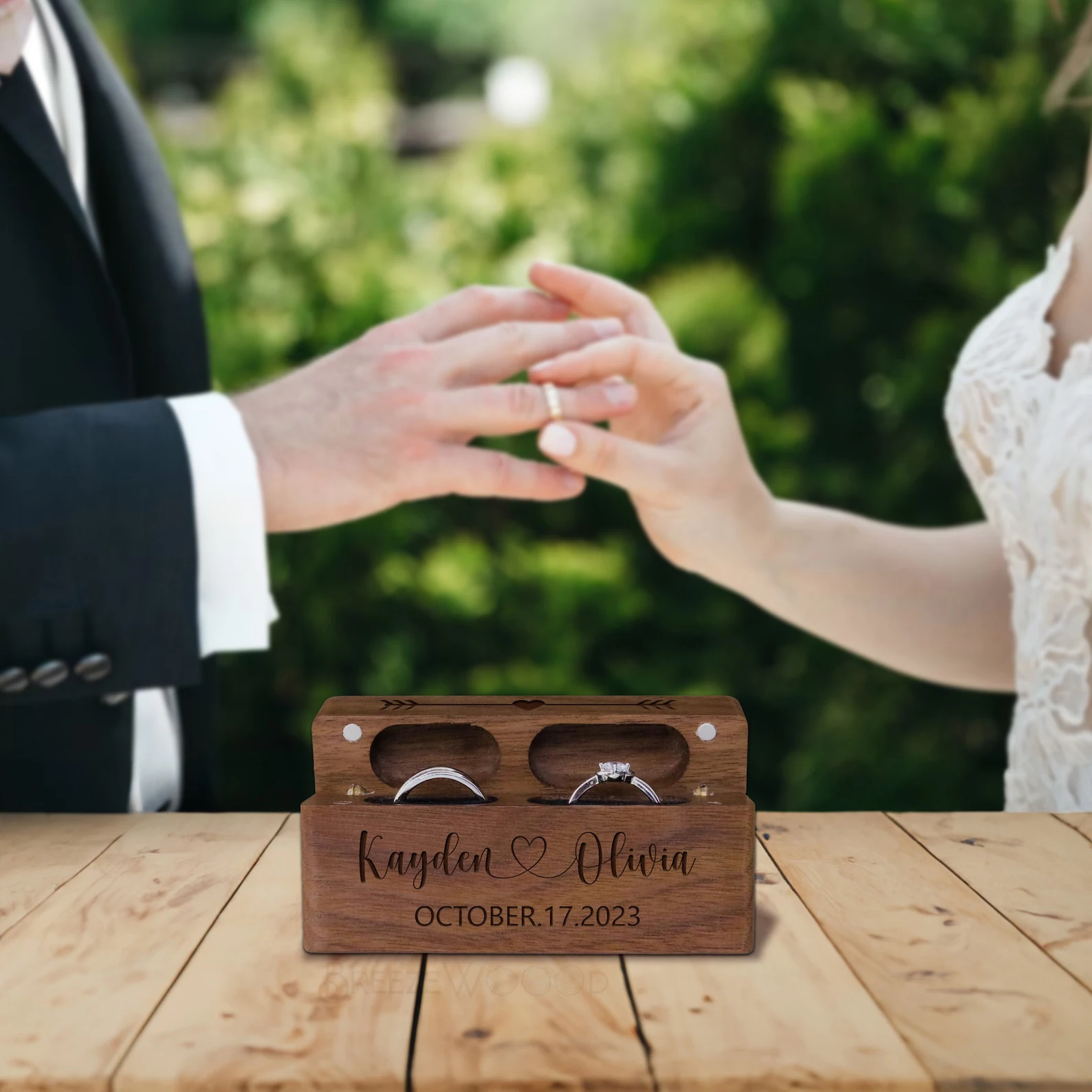 MUUJEE "Together" Double Ring Box - Slim Walnut Wood Ring Case For Wedding, Engagement, Ring Bearer