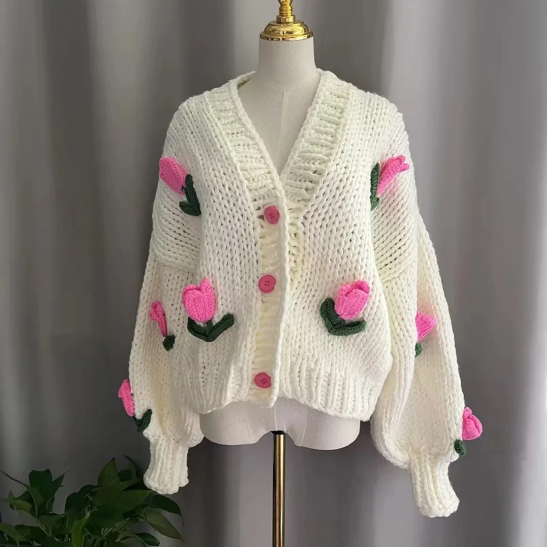 MosiMolly-Cardigan artesanal de flores para mulheres, suéter,