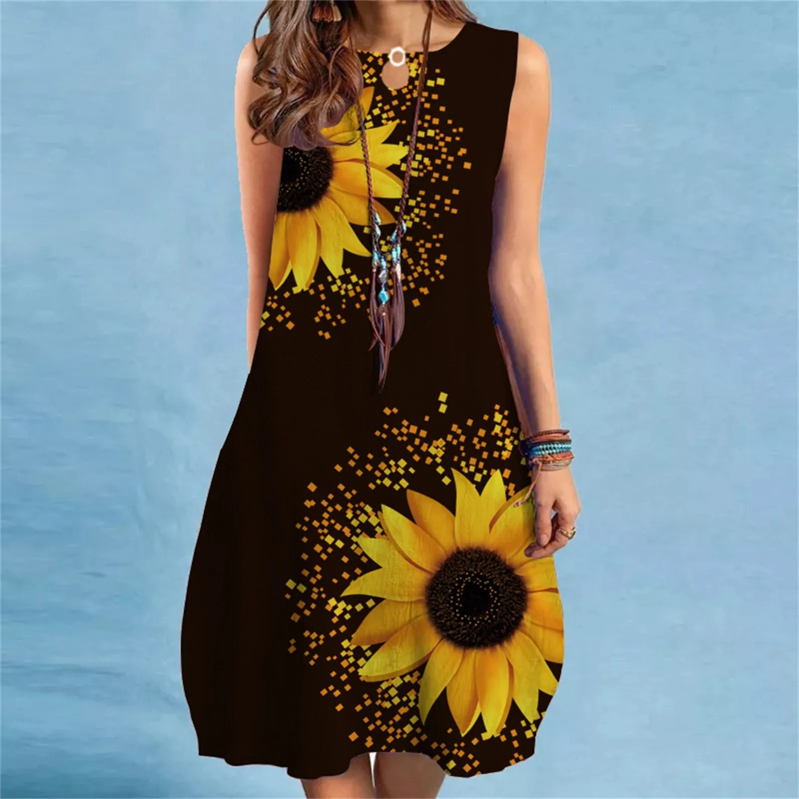 

Ladies Summer Dress Women Loose Flroal Midi Dress Sleeveless Loose V-Neck Elegant Dresses Party New Rose Print Vintage Dress