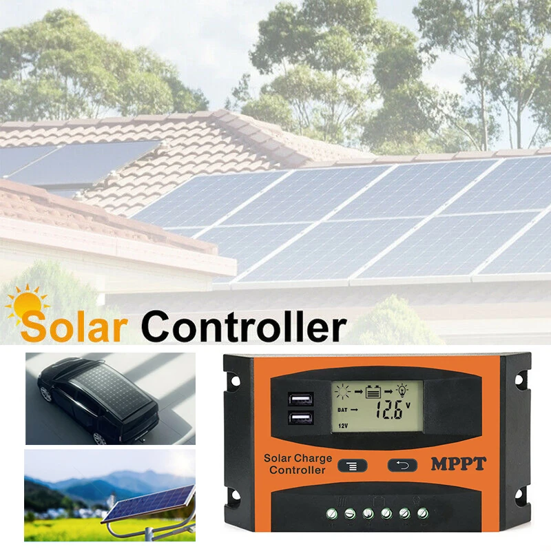LCD 디스플레이 자동 태양 전지 레귤레이터, 12V, 24V, 로드 포함, 호텔 방전기, 블랙 추가, 가정용 휴대용 듀얼 USB