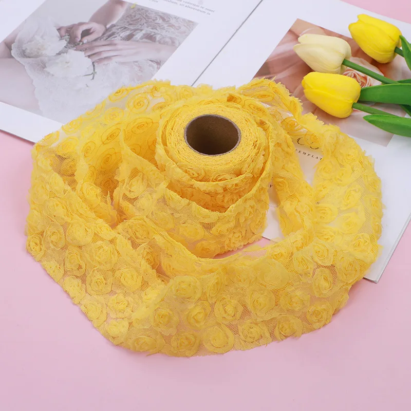 Rose Flower 3D Chiffon Lace Trim Ribbon Fabric for Applique Sewing Wedding Headdress Decoration Accessories 5yards/roll 14colors silk satin ribbons fabric flowers