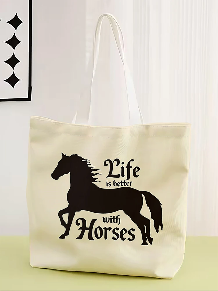 1pc,black horse pattern handbag, reusable fashionable handbag, multifunctional handbag, printed canvas shopping bag