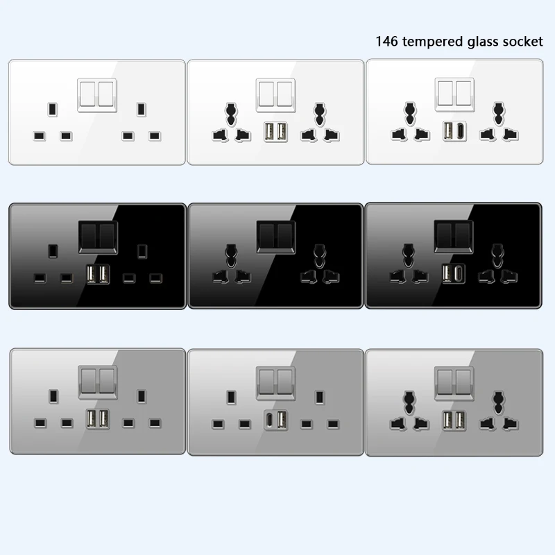 Tomada de Parede Britânica com Carga Rápida Usb c tipo c 18w Plugue de Carregamento Rápido Painel de Vidro Saída Universal Dupla