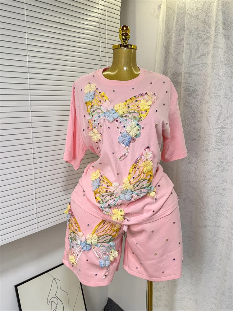 Wmstar Two Piece Sets Women Wholesale Casual Loose Butterfly Diamond Short Sleeve T Shirt Wide Leg Shorts Sets Nerw in Summer