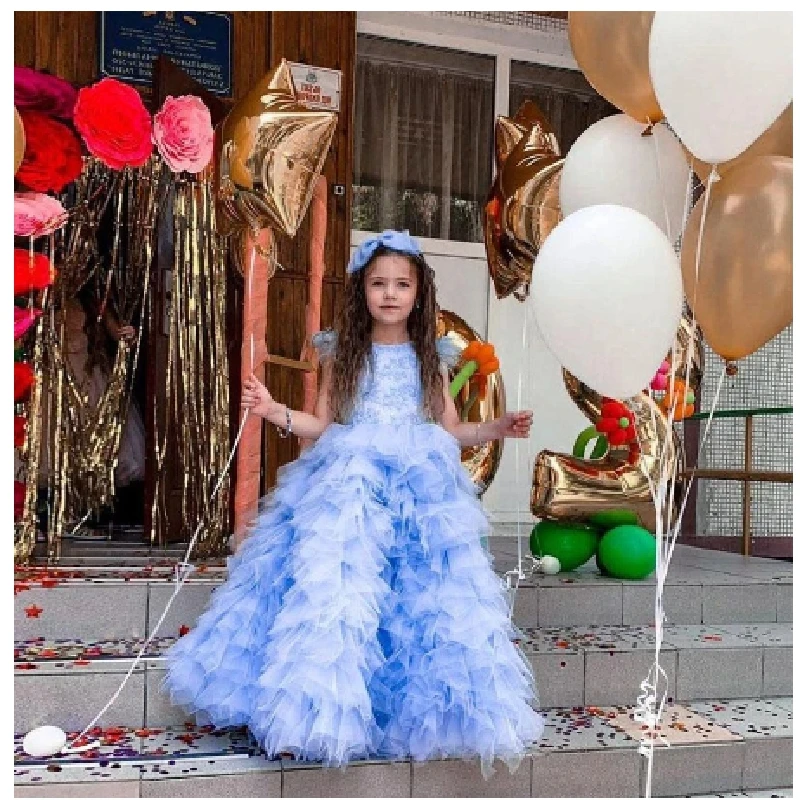 

Light Sky Blue Ruffles Tier Skirt Flower Girls Feather Sleeve Little Kids Pageant Dress Child Formal Gown Fashion Show Gift