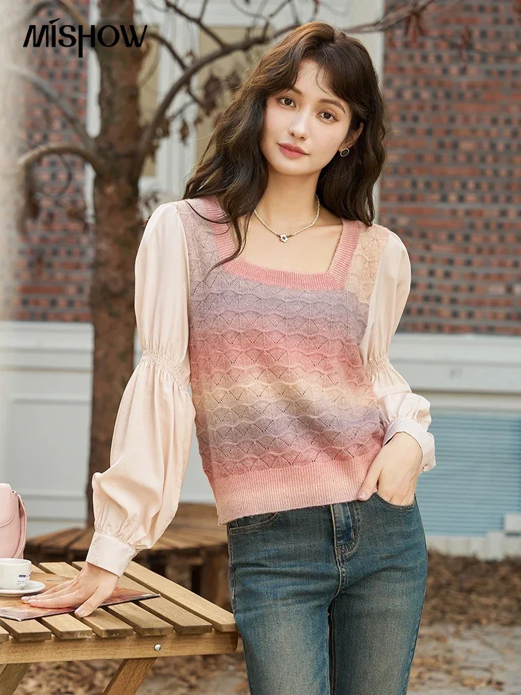 

MISHOW Spliced Gradient Mohair Blouses for Women 2023 Autumn Retro Bubble Sleeve Pullover Square Collar Sweet Tops MXC43X1289