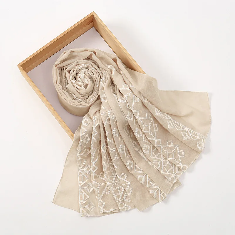 2026 Plain Sticken Geometrische Plaid Schal Frauen Mode Lange Viskose Schals Dame Stich Tücher und Wraps Moslemisches Hijab Foulards – Detail 6