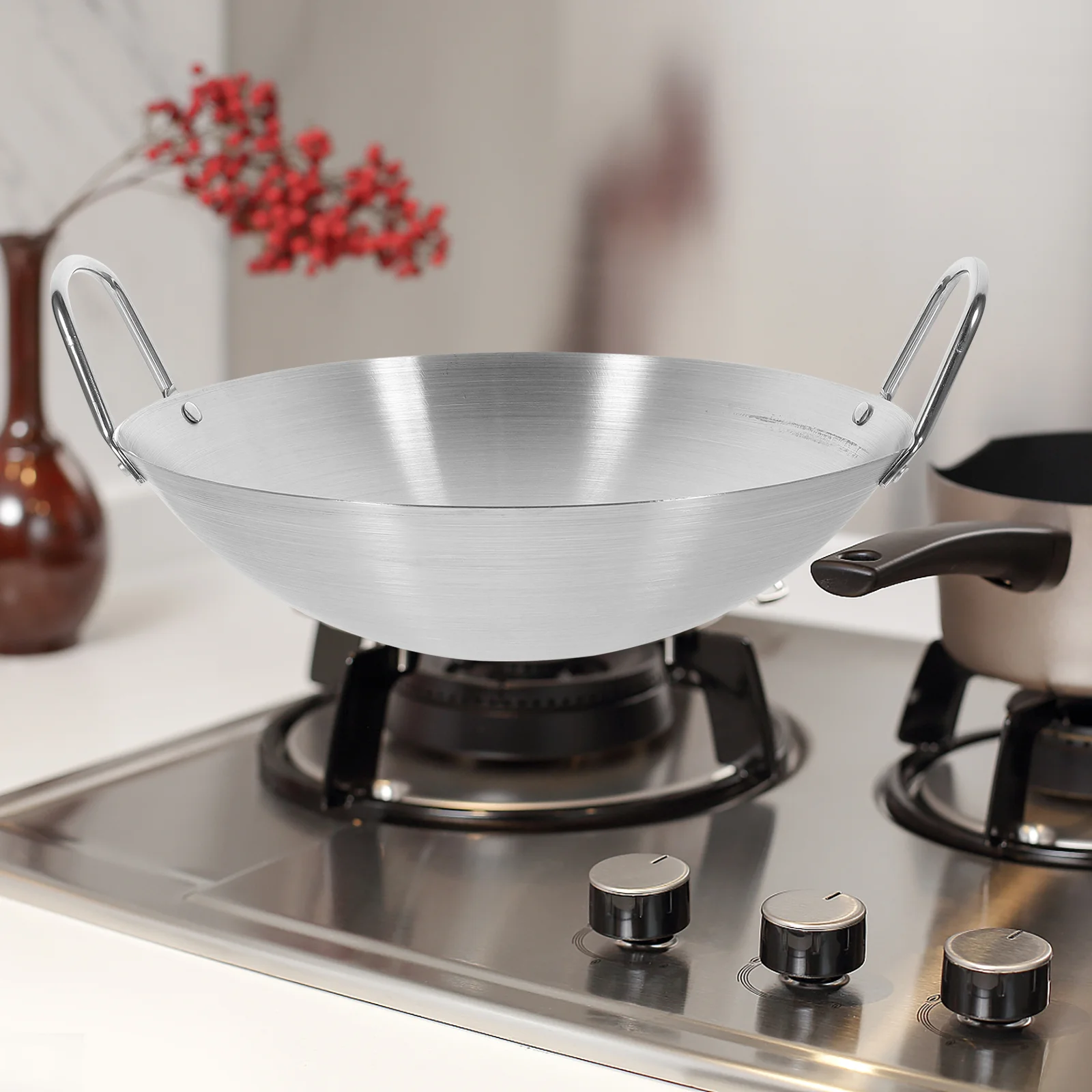 Stainless Steel Wok frying pan cast iron wok iron wok Cookware Hot Pot Cooking Pan Kitchen Gadget with Two Handle Frying Soup Accessories Work