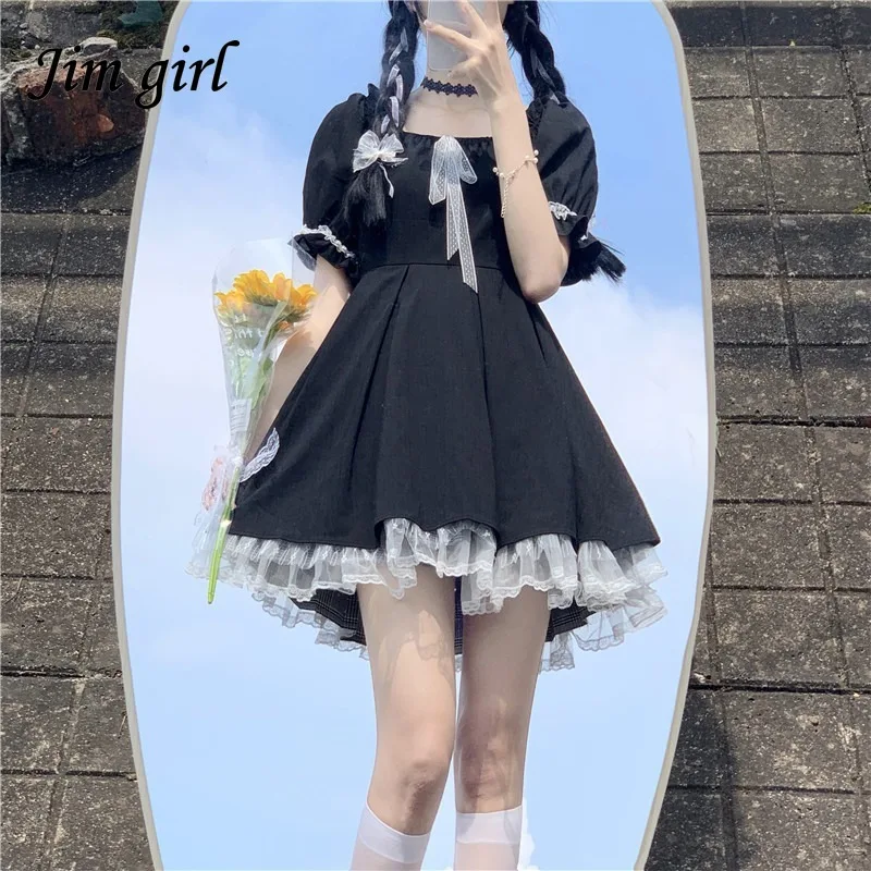 

Japanese Lolita Gothic Dress Women SummerYoung Girl High Waist Puff Sleeve Mini Dress Square Collar Ribbon Black Party Dress