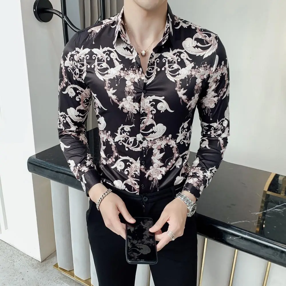 

2023 Spring Mens Vintage Floral Printed Long Sleeve Shirt New Fashion Slim Fit Shirts Casual Nightclub Shirts Men Chemise Homme