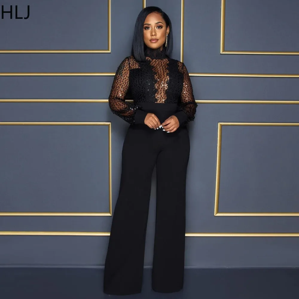 HLJ Sexy Mesh Sequin Perspective Party Club Jumpsuits Women Round Neck Long Sleeve Slim Playsuits Female Solid One Piece Overall