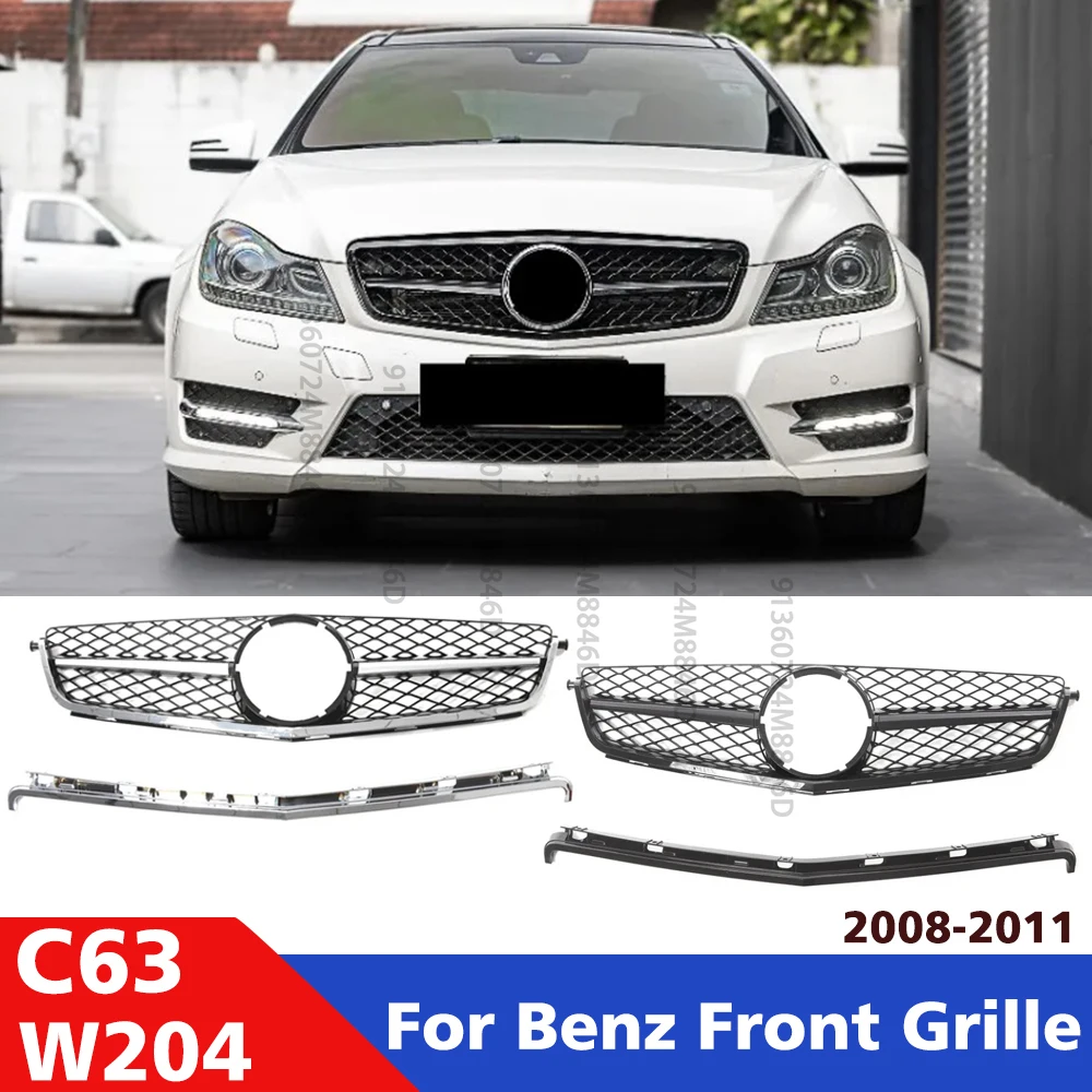 Front Grille Glossy Black Mesh For Mercedes C-Class W204 2008-2011 C63 AMG Bumper Grill with Chrome Frame Exterior Styling 1