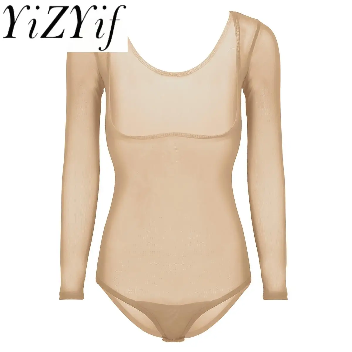 

YiZYiF Women Practice Belly Dance Bottoming Bodysuit Mesh Sheer Underbust Leotard with Thong Lady Dance Bodystocking Underwear