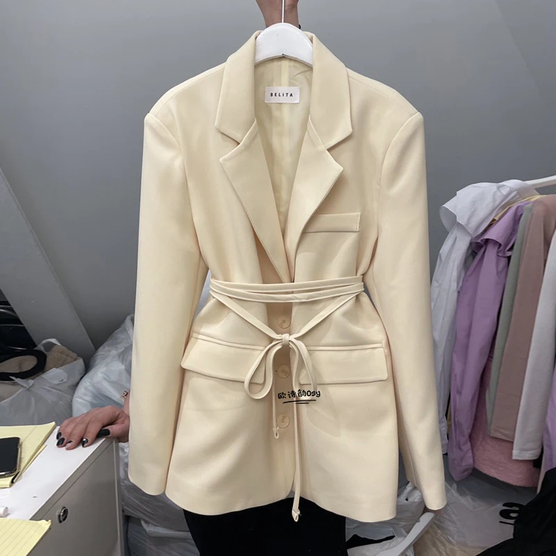 

SuperAen High End Fashion Lace Up Blazer for Women Solid Color Korean Long Sleeve Jacket Coat