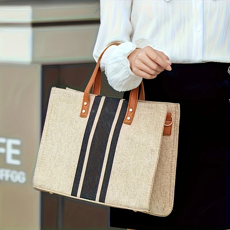 Stylish Women'S Canvas Tote Bag, Black Blue Striped Design Handbag Shoulder Bag for Work, School, Shopping, Beach Outings & Gym