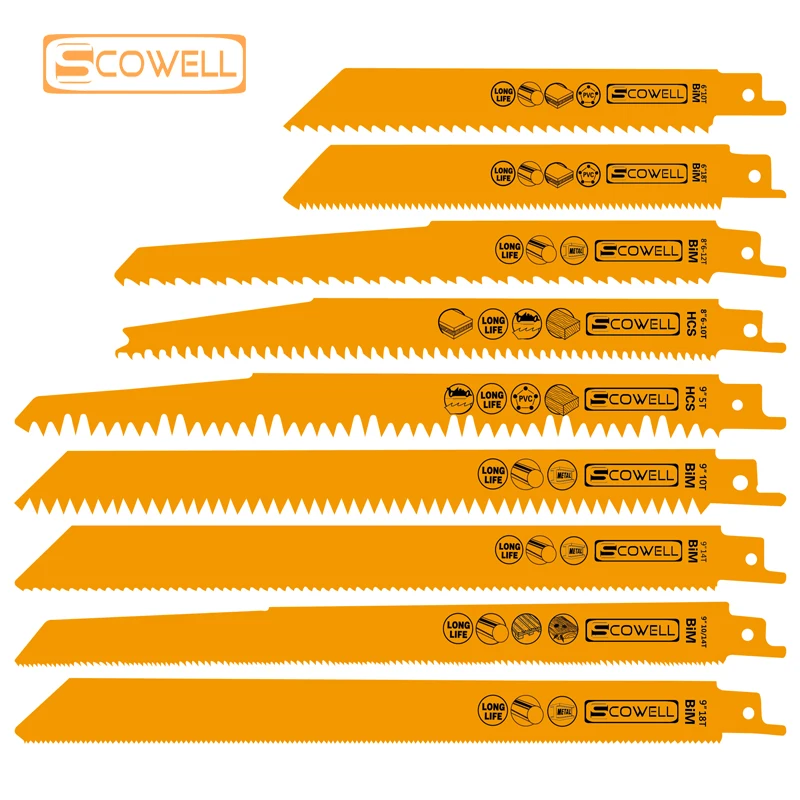 

SCOWELL 5 Pack Jigsaw Sbare Saw Blades Wood Cutting 5T/6T/10T/14T/18T HSS Bimetal Demolition Reciprocating Saw Blade DIY Tools