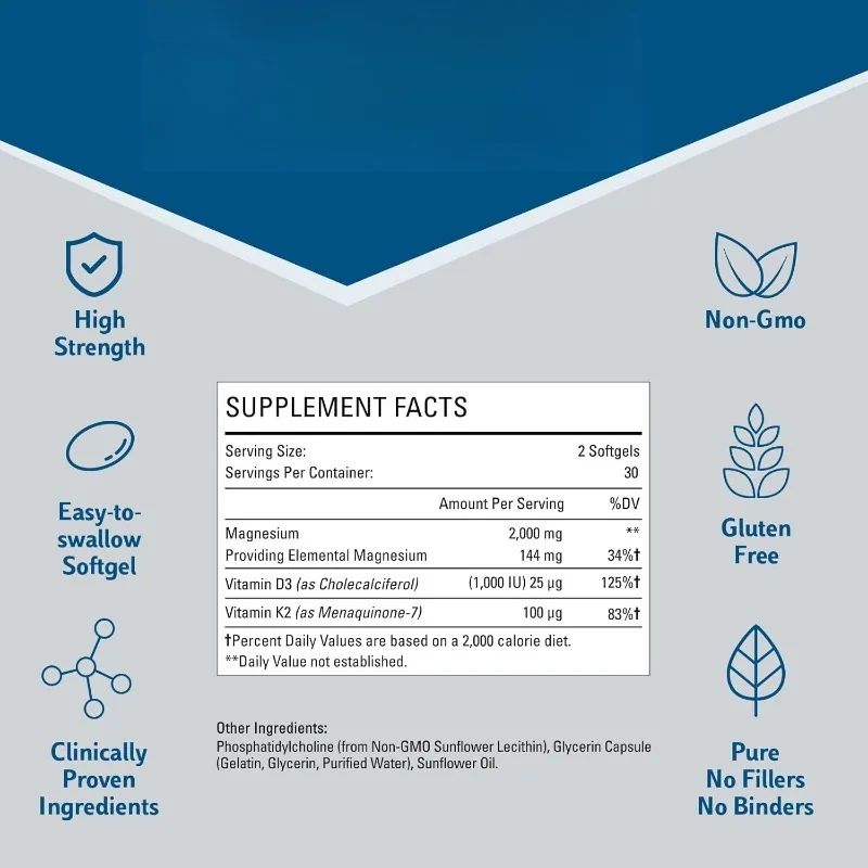 Liposome Magnesium Soft Capsules 2000mg-Magnesium Supplement Containing Vitamin D3 and K2- Bone Health -60 Capsules