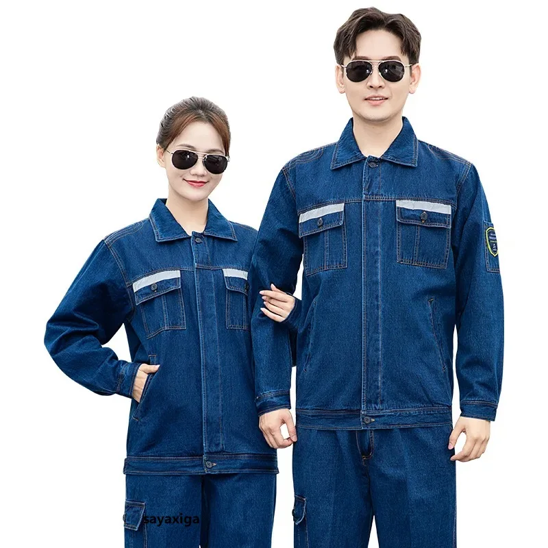 

Spring autumn anti static denim work clothing set for men women mechanics electrical worker coverall Hi vis safety labor Uniform