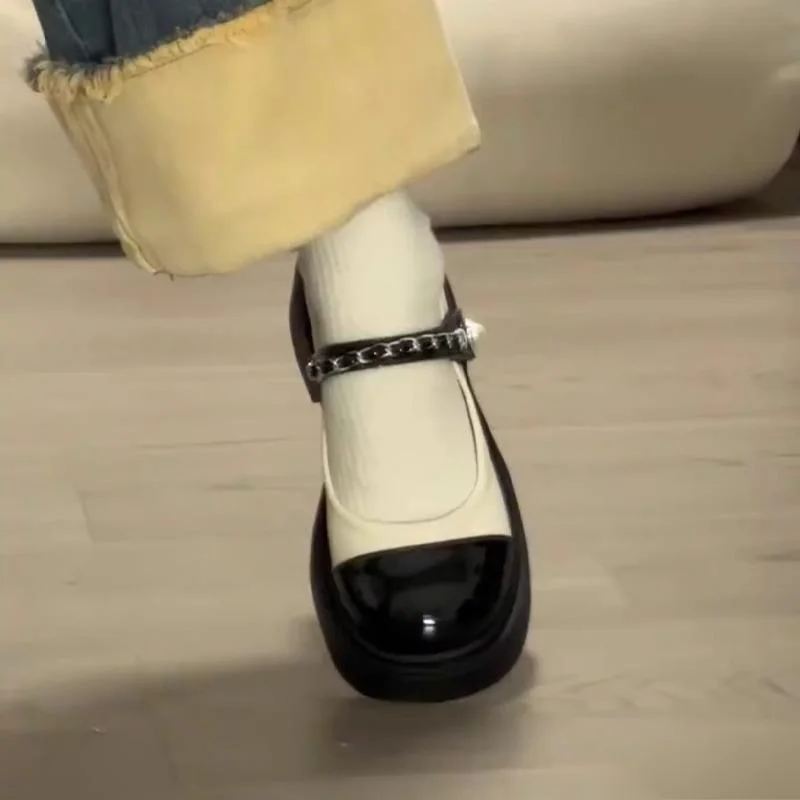 Schwarze Lederschuhe für Damen im Sommer, kleiner duftender Stil, Mary Jane-Sandalen mit dicker Sohle, runde Zehenpartie farblich abgestimmt_voghion.com