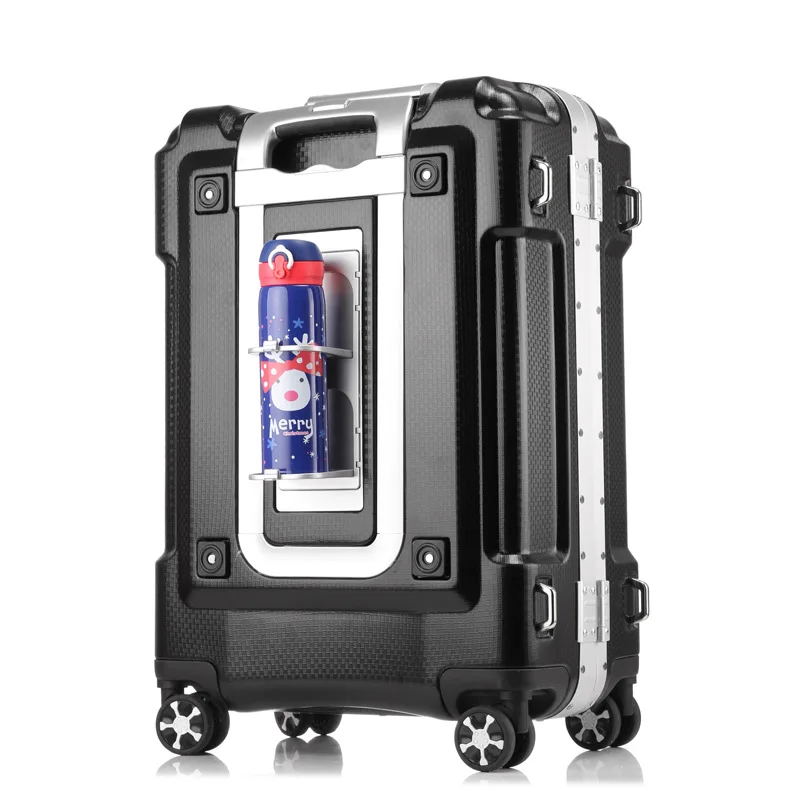 New Aluminum Frame Rolling luggage with Cup Holders Trolley suitcase on wheels Mens Business Hand hardside rolling Luggage