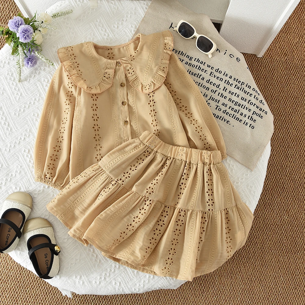 Koreanisches Akademie-Style Kinderset für Frühling und Herbst, Mädchenkleidung, Khaki Bedrucktes Hemd mit Kragen und Langen Ärmeln + Kurzer Rock