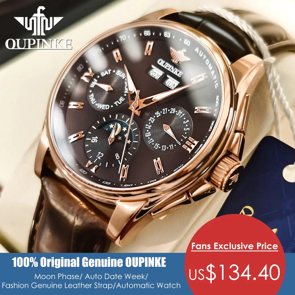 

OUPINKE Genuine Automatic Mechanical Watch for Men Dual Calendar Moon Phase Wristwatch Waterproof Mens Watches Relogio Masculino