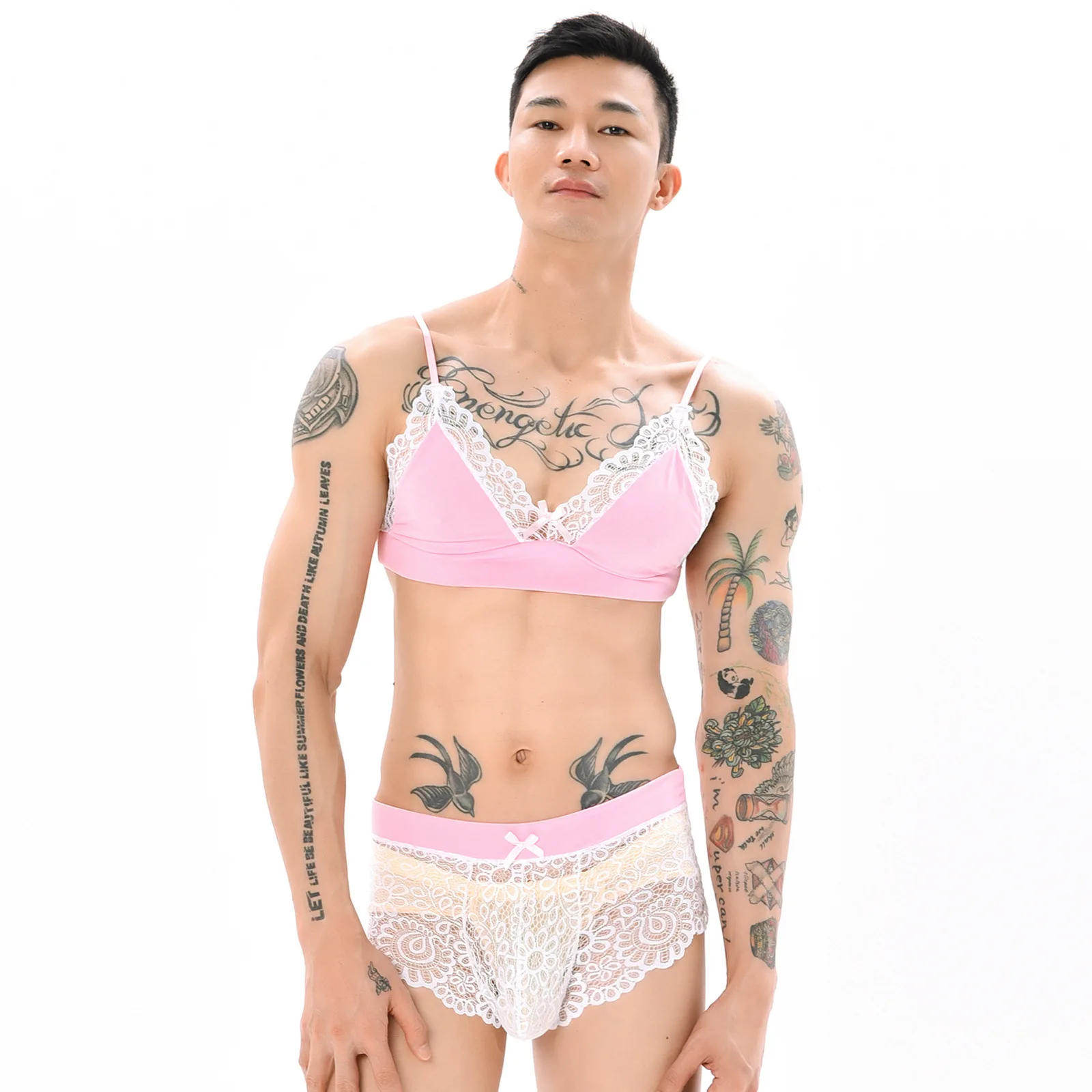 

Men's Sexy Gay Funny Bow Lace Bra Pants Seduction Pants Combination Puppet Nightwear