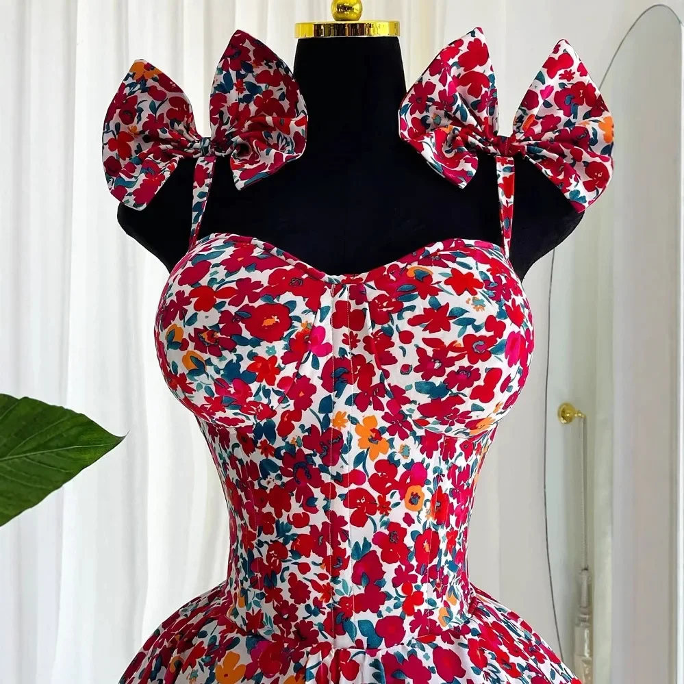 Elegant Floral Print A- Line Mini Dress with Bow Knot High Waist Slimming for Women Spring Season Fashion Casual Skirt 4