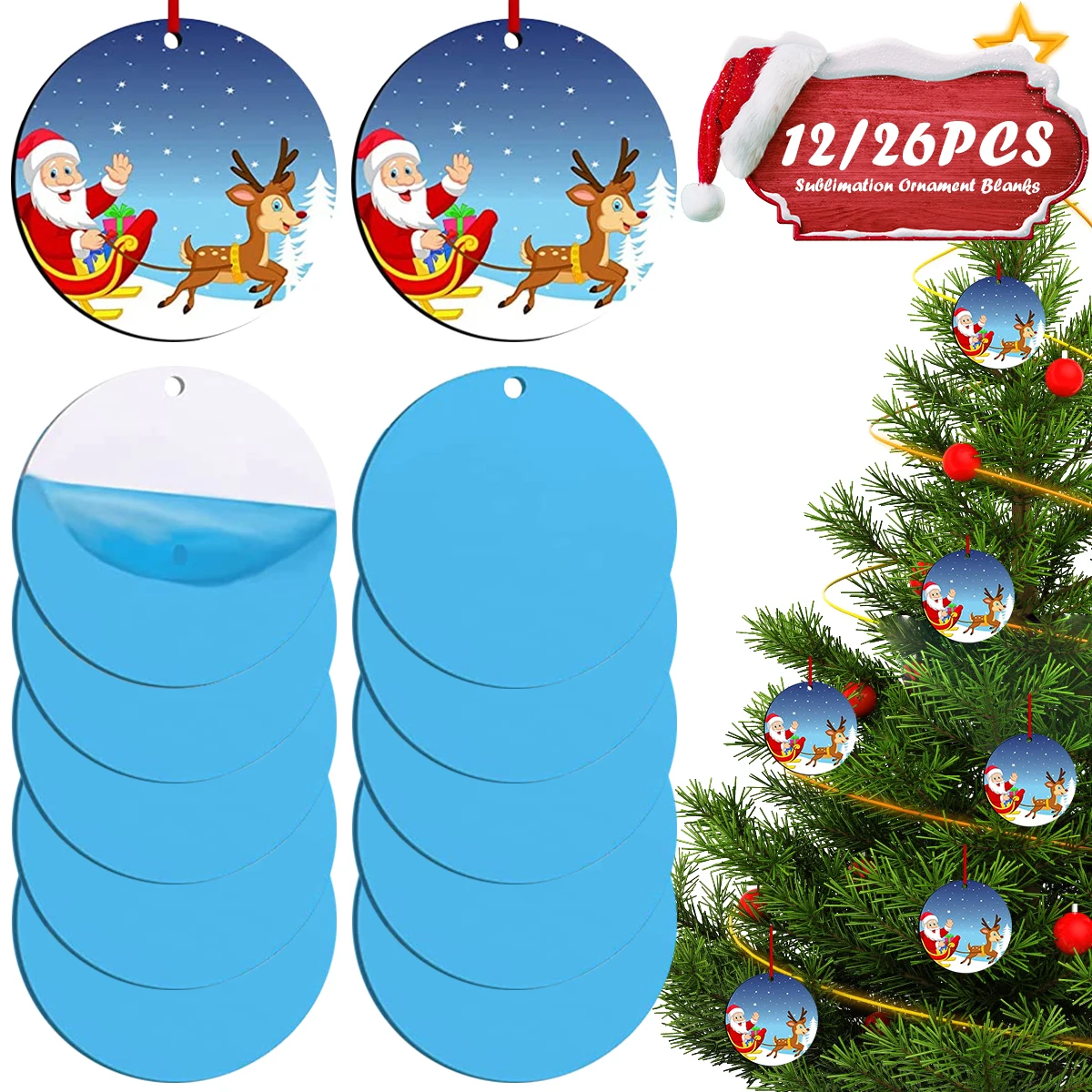 12/26Pcs Bulk Double Side Blank Sublimation Round Sublimation Ornament Blanks Christmas Ornaments For Home Decoration