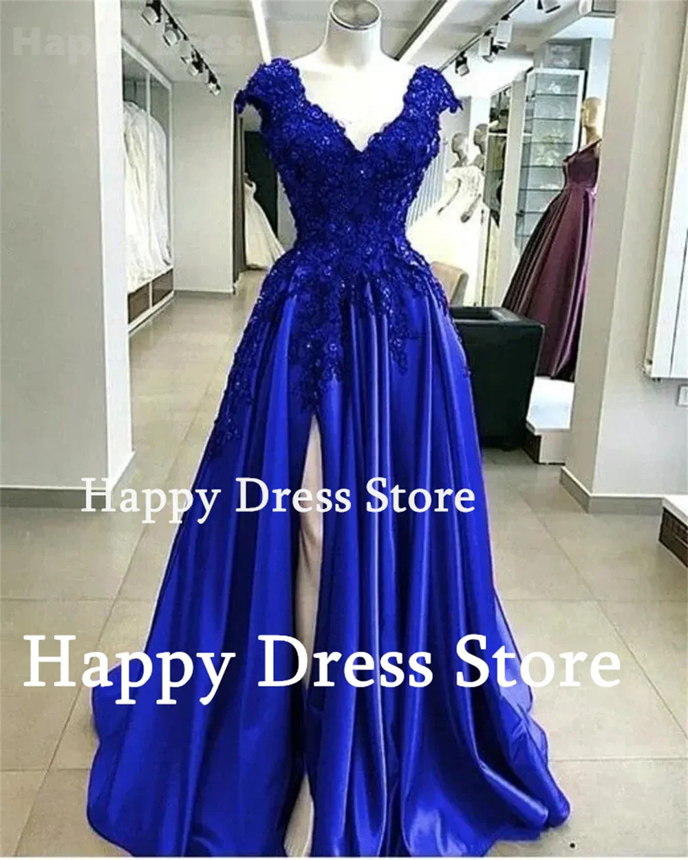 2024New Elegant Women Formal Dress V-Neck Cap Sleeves Lace Appliques Evening Dress A-Line Satin Prom Party Dress Robes de soirée