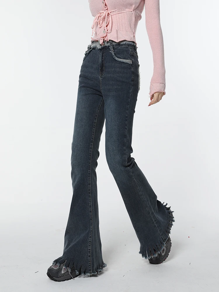 

Vintage High Waist Straight Streetwear Style Tassels Flare Jeans Pants Korean Fashion Women's Slim Fit Female Y2K Trouser Denim