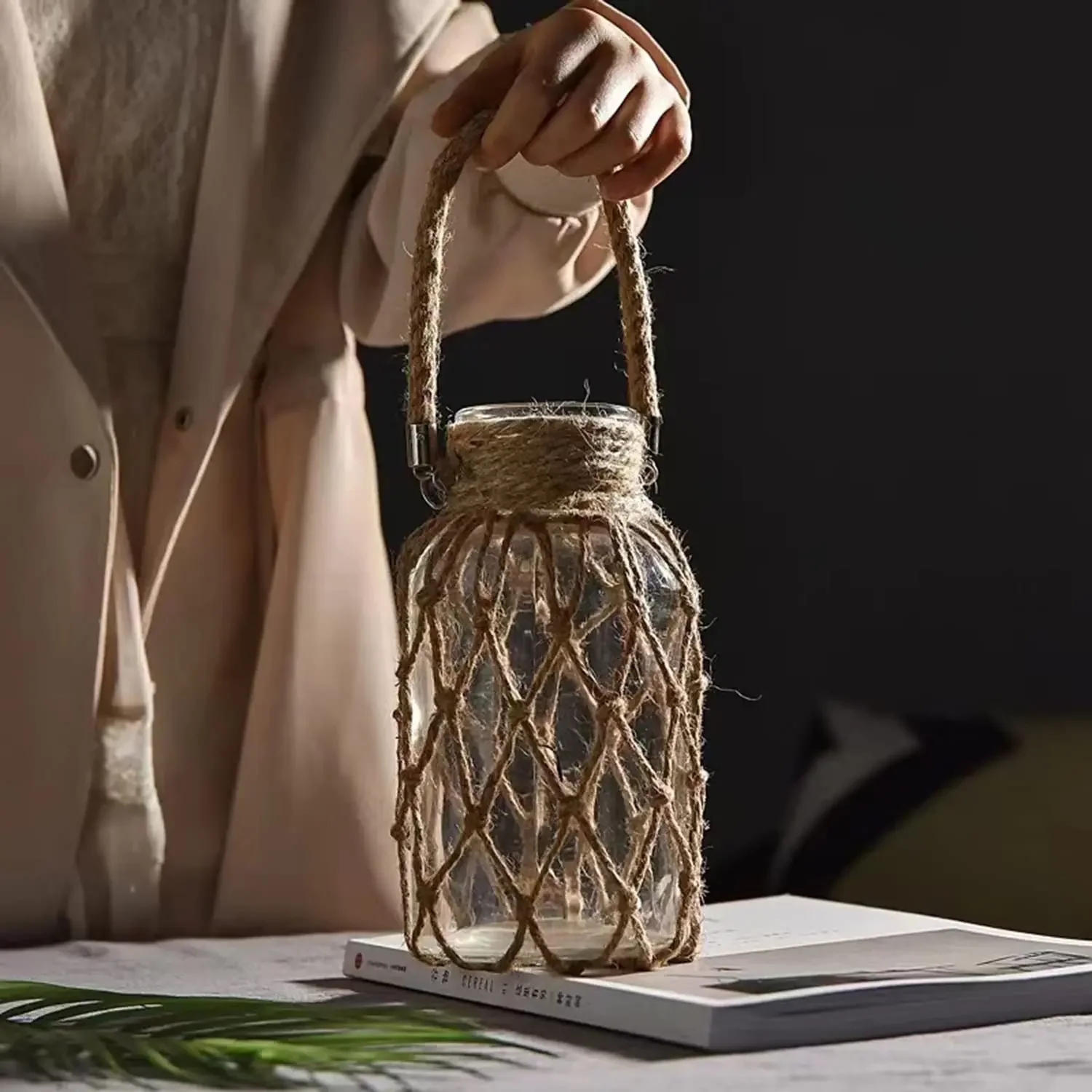 Rustic Hanging Glass Vase with Rope Net 3