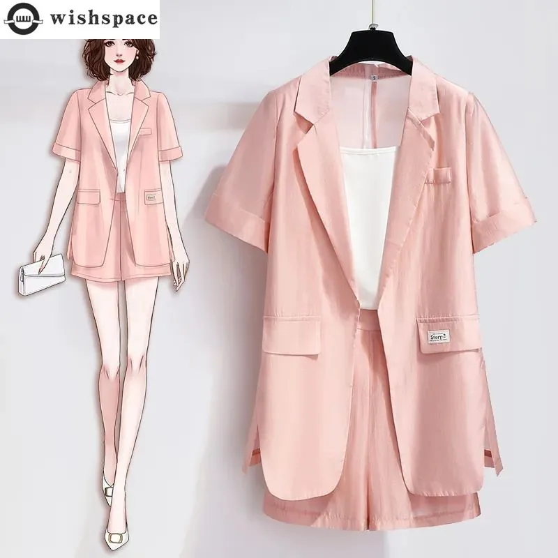 2023 Summer New Strap Tank Top Short Sleeve Jacket Blazer Casual Shorts Three Piece Elegant Women's Pants Suit Office Outfits