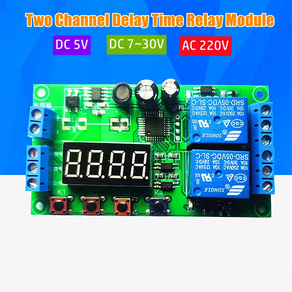 

YF-7 Upgrade AC 220V Dual Channel Delay Relay Module Control Switch 12V 24V Multifunctional Pulse Trigger Cycle Timer 0.01s-999m