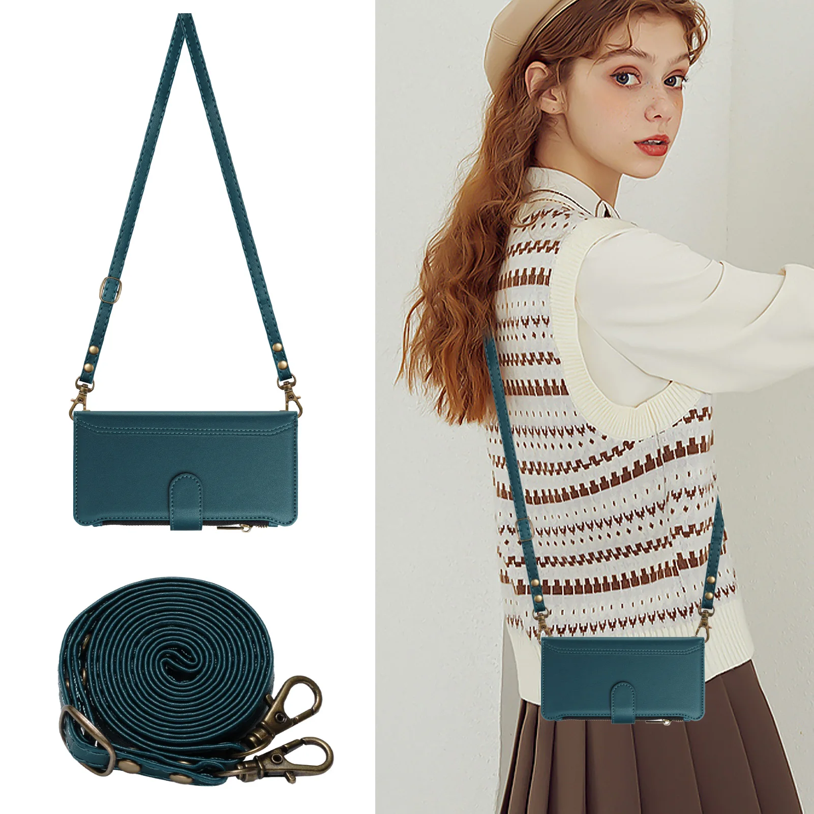 Elegant PU Leather Crossbody Wallet with Zipper and Wrist Strap