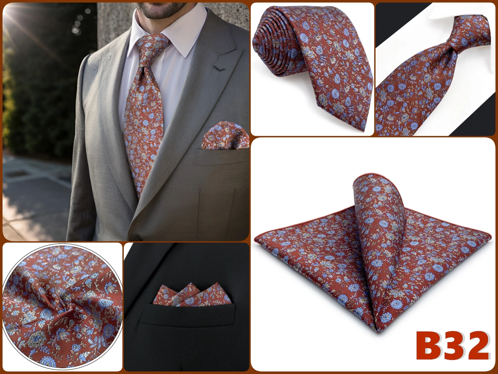 Extra Langes Herren-Krawatten- und Einstecktuch-Set, Kariertes Paisley-Muster, Blau, Braun, Silber, Grün, Geschenk, XL, Formelle Hochzeitskrawatten – Detail 15