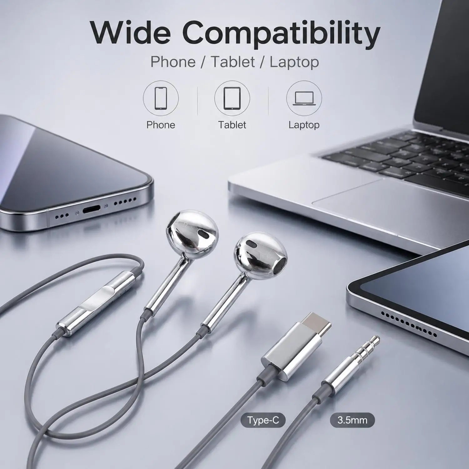 Premium Wired USB-C Earbuds with Mic & Volume Control - Chrome Silver