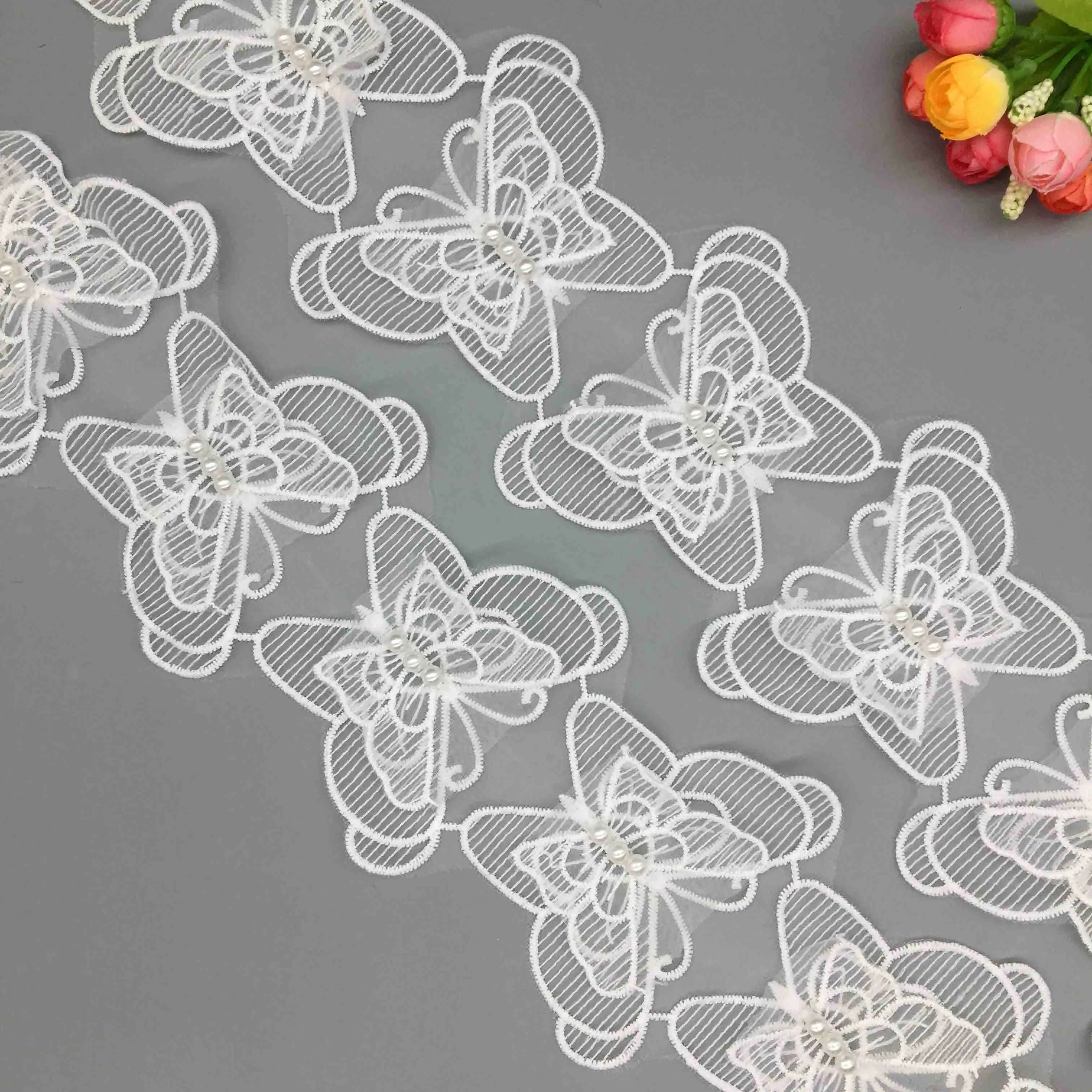 

2 Yards Pearl 3D Butterfly Cotton Lace for Fabric Embroidered Trim Ribbon Wedding Dress DIY Sewing Supplies Craft 10.5x6.5cm