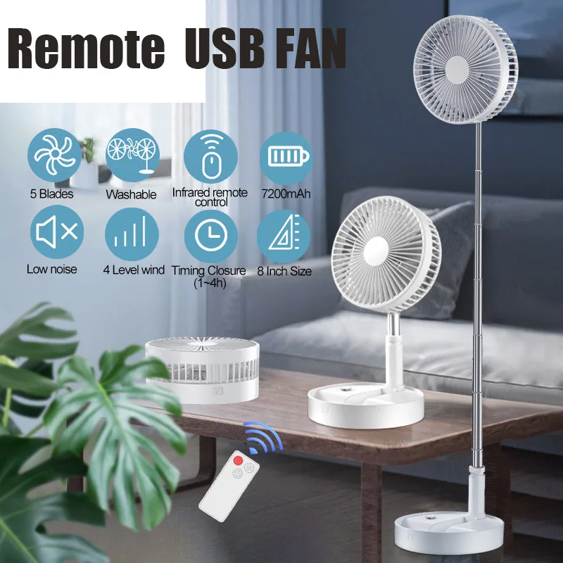 Ventilador Portátil Recarregável 7200mah Mini Dobrável Telescópico Chão Baixo Ruído Ventilador de Verão Refrigeração Casa Quarto