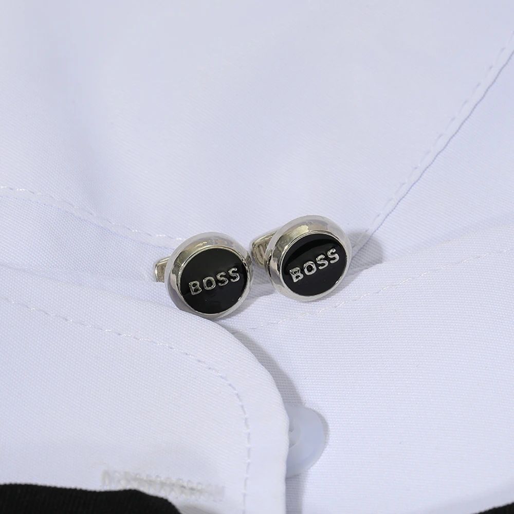 Mens Cufflinks Black Letter Boss Cuff Links Silver Tone for Suit Tuxedo Shirts Business Formal Sleeve Button Jewelry Gift