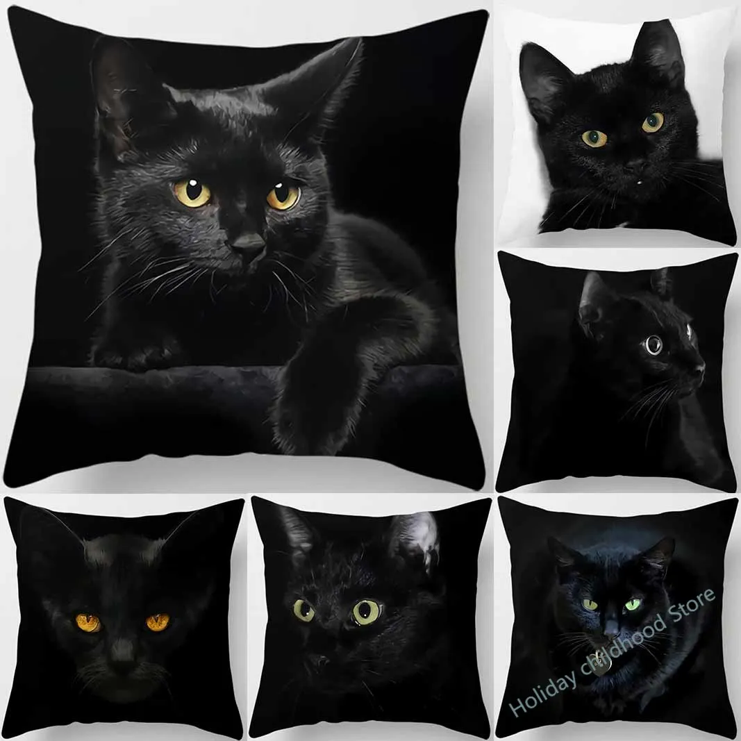 Housse De Coussin Carree Imprimele Chat Noir, Ameublement De Maison, De Voiture, Canapé