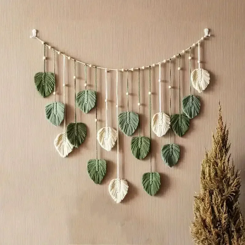 Boho Macrame Leaf Feather Wall Hanging for Living and Bedroom Decor