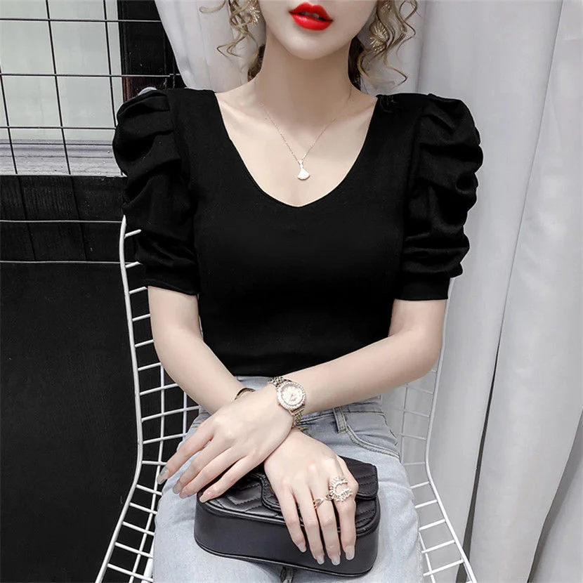 

V-neck Exposed Clavicle Bubble Sleeve Summer New Sexy T Small Shirt Short Sleeve T-Shirt Women Tshirt Foreign Style Slim Fit